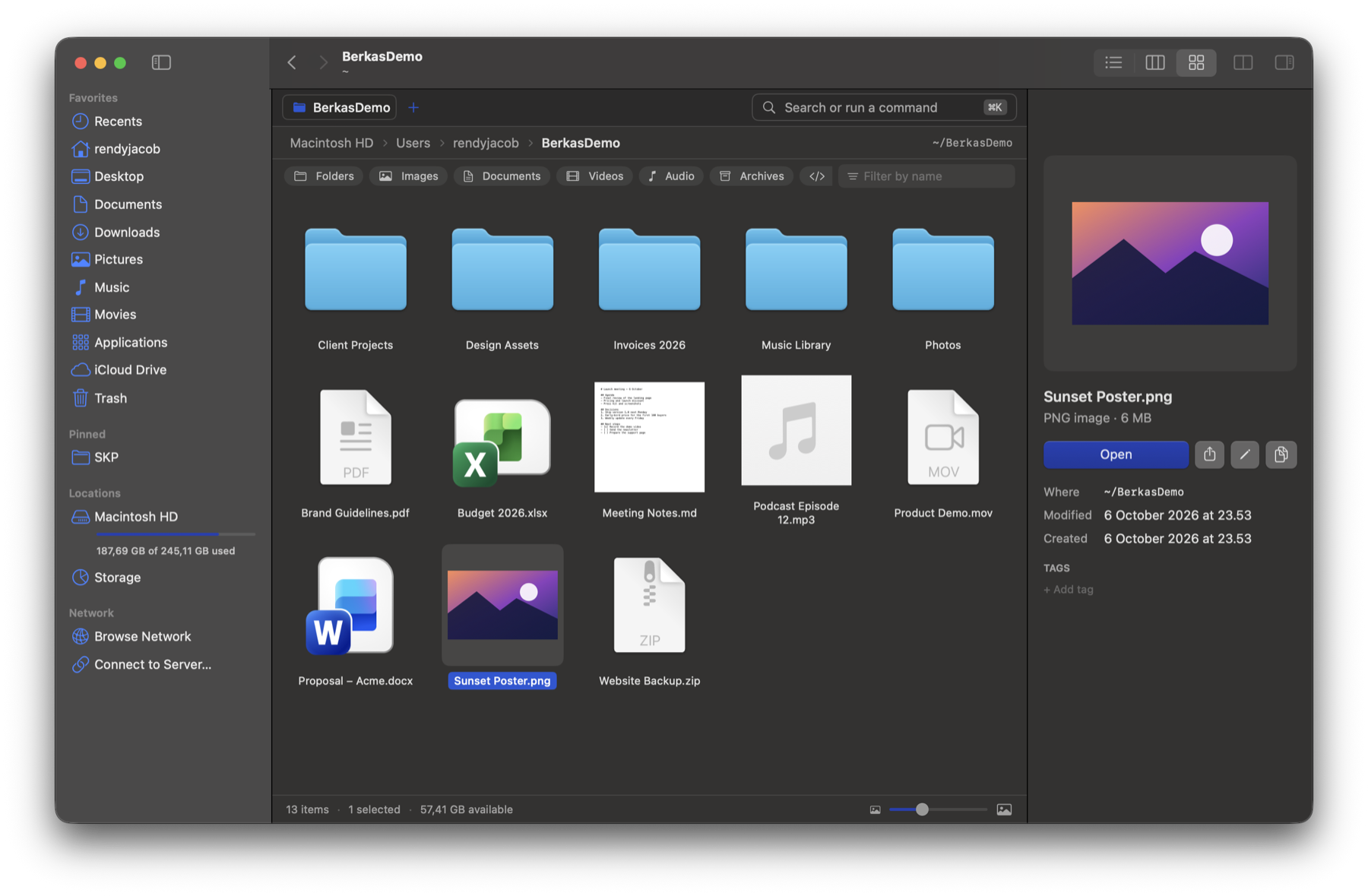 Berkas showing a folder in grid view with a preview panel